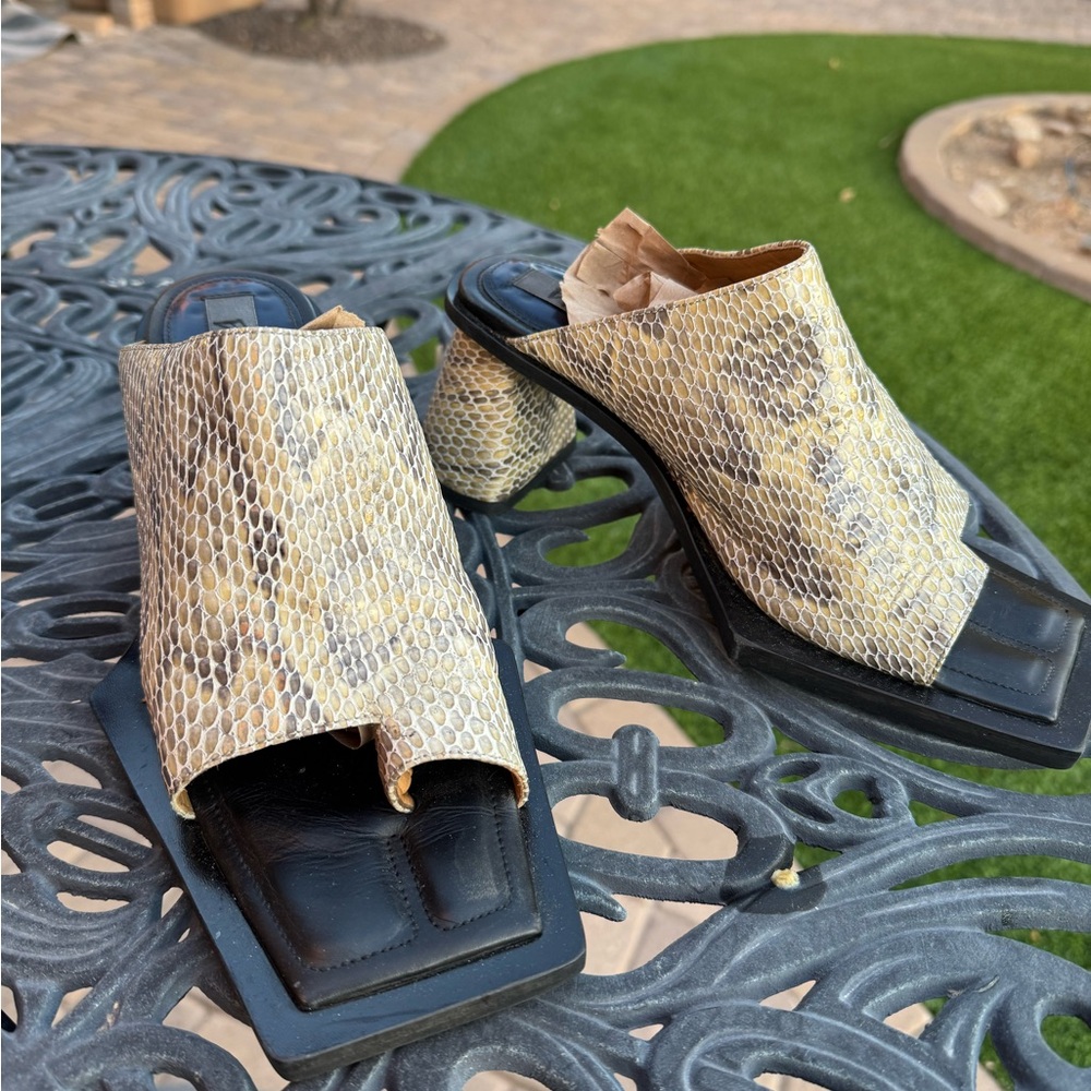 Eytys NAOMI “Greige” Snake Print Heeled Mules